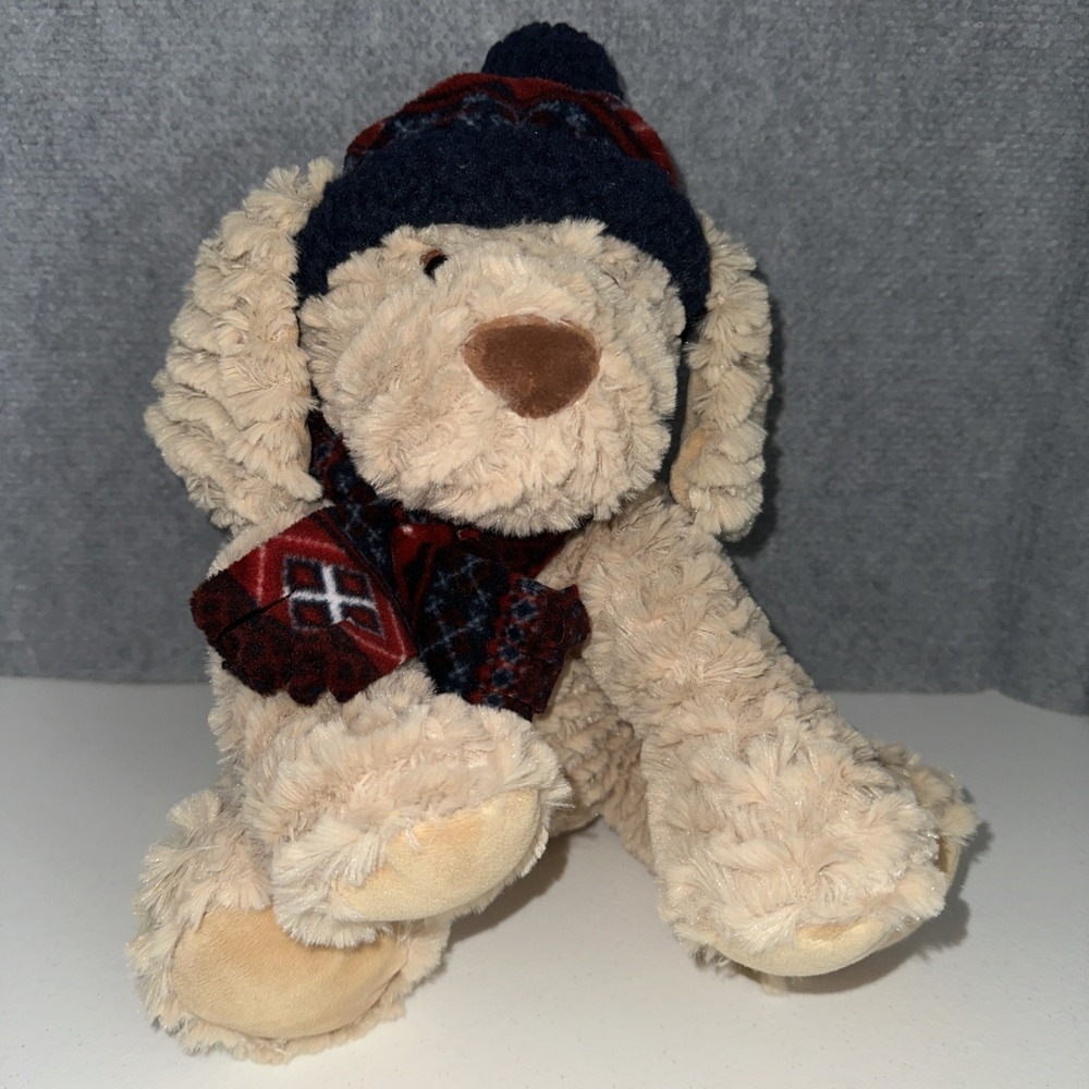 GT Gentle Treasures Tan 13" Puppy Dog Plush Hat Scarf Winter Stuffed Toy